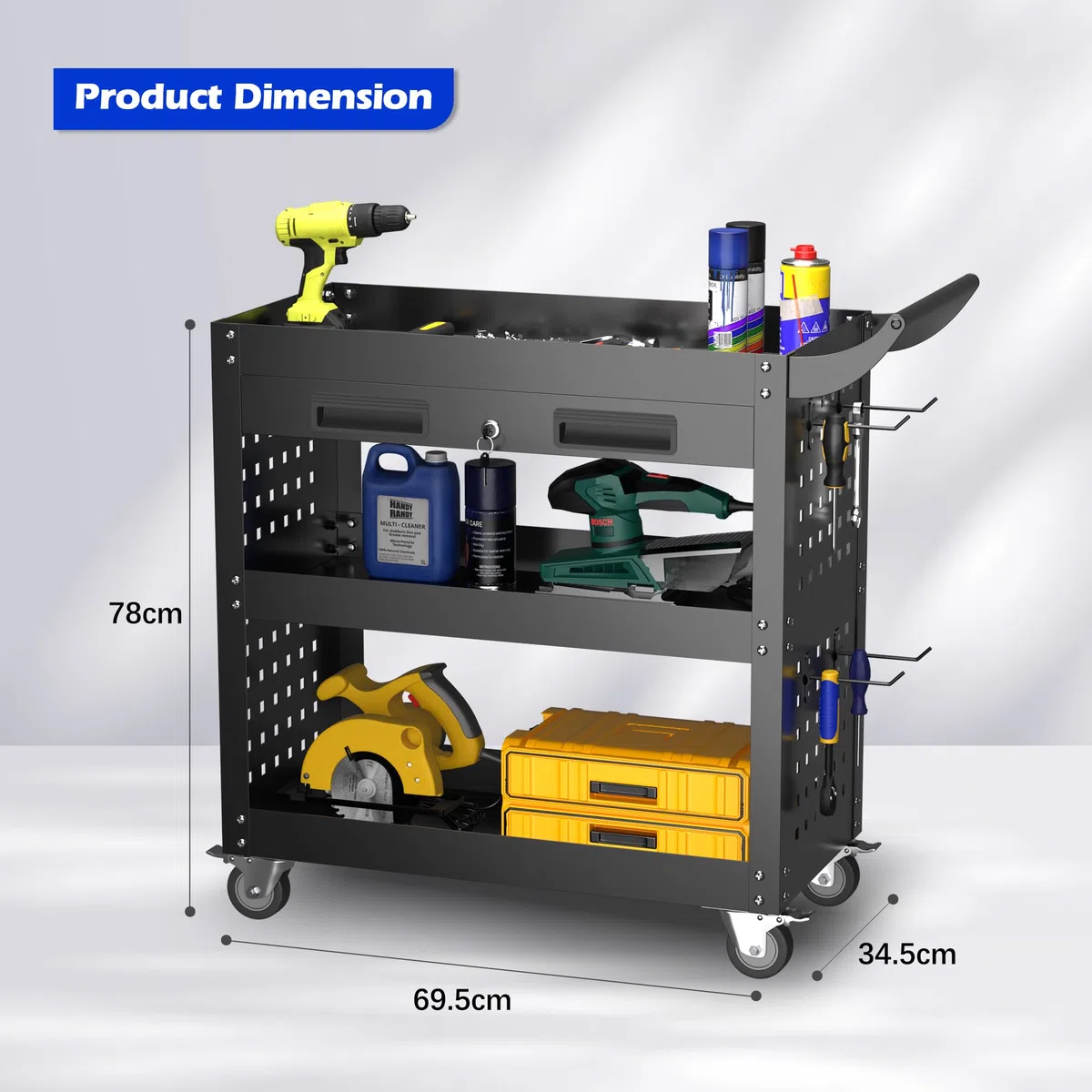 SUPEER Werkstattwagen Werkstatt-Rollwagen Montagewagen 78x35x70 cm,mit Abschließbare Schublade und Pegboard,4-Haken,Werkstätten,Lager Tragkraft 150 kg