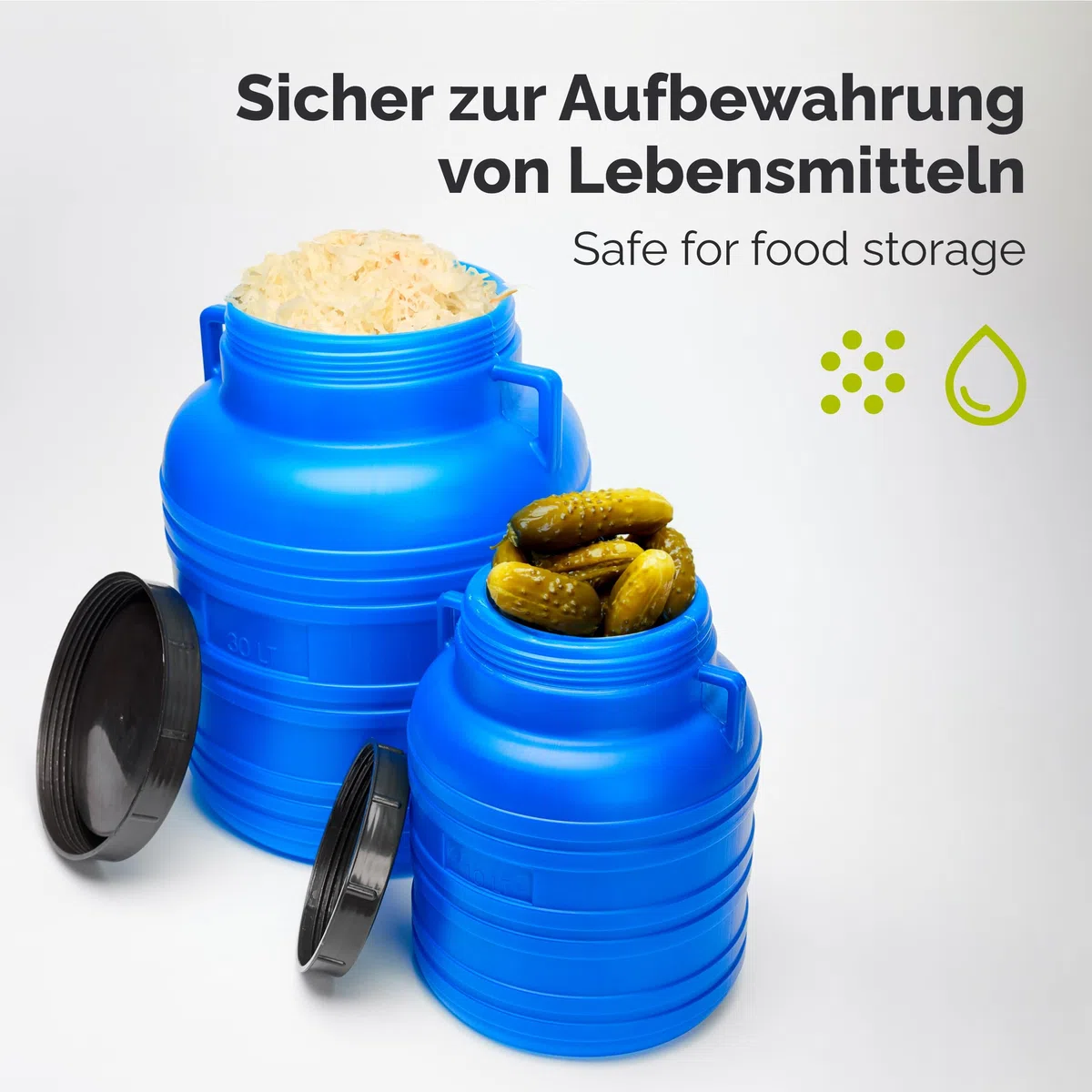 Garronda Set 2X 30 Liter Weithalsfass BPA-frei Futtertonne Fass Universalfass Lebensmittel Fass Regenfass für Garten Regentonne mit Deckel Regenwassertonne für Garten Wassertonne GD-0121 Blau