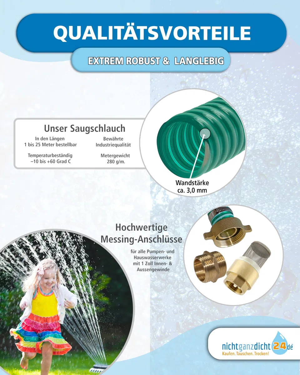 Sauggarnitur 1 Zoll 20m 1-25m Ansauggarnitur NW 25 Saugschlauch 1" Pumpenschlauch Messing Fußventil mit Rückschlagklappe (20m)