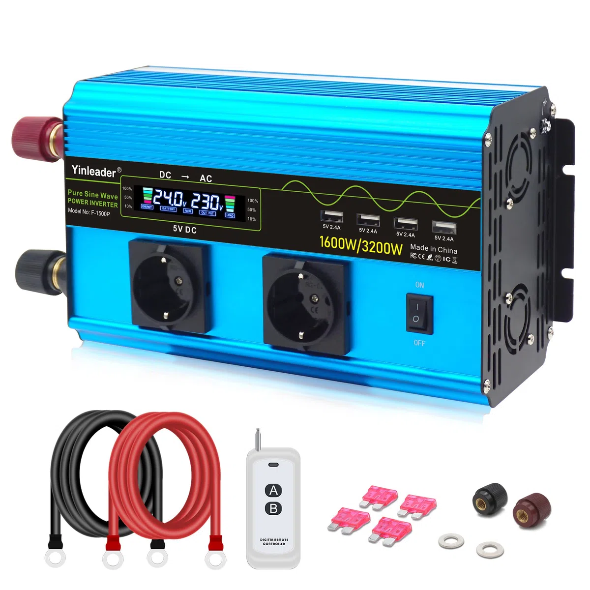Yinleader Wechselrichter 24V 230V 1600W Reiner Sinus Spannungswandler 2xEU-Steckdosen und 4xUSB-Anschlüsse mit 10m drahtlose Fernbedienung