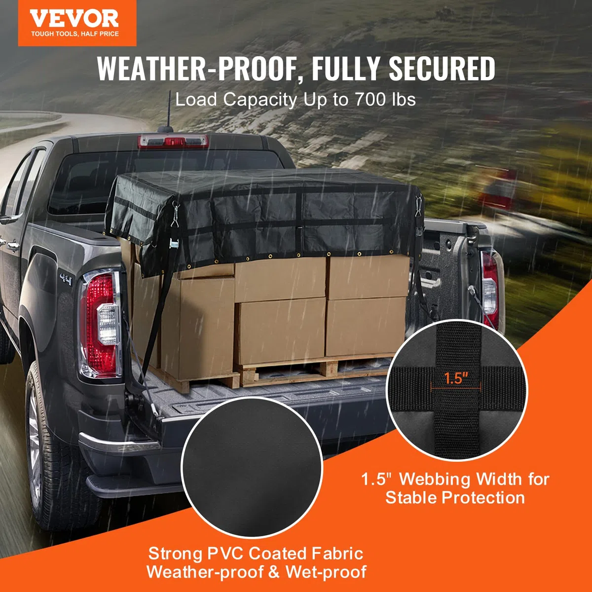 VEVOR Frachtnetz, 244 x 206 cm, LKW-Ladeflächennetz, 4 verstellbare Gurte mit Karabinern und gummibeschichteten Haken, Transportnetz langlebig, geeignet für Pickup, Jeep, LKW, SUV, Boot (schwarz)