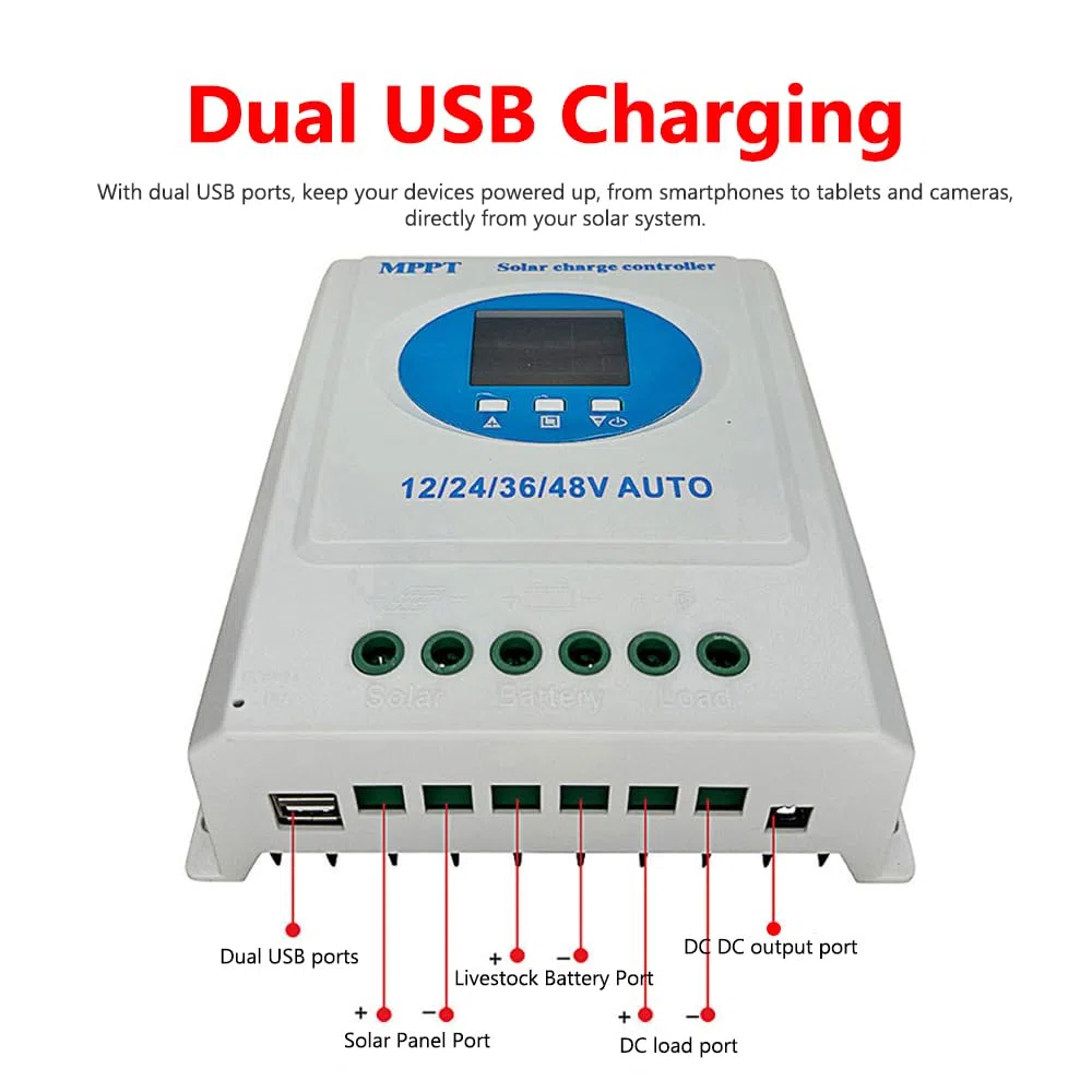 Irfora MPPT Solarladeregler 150A 12V/24V/36V/48V LCD-Display Intelligenter Batterieregler mit doppeltem USB-Ausgang für Al/Lithium-Batterie