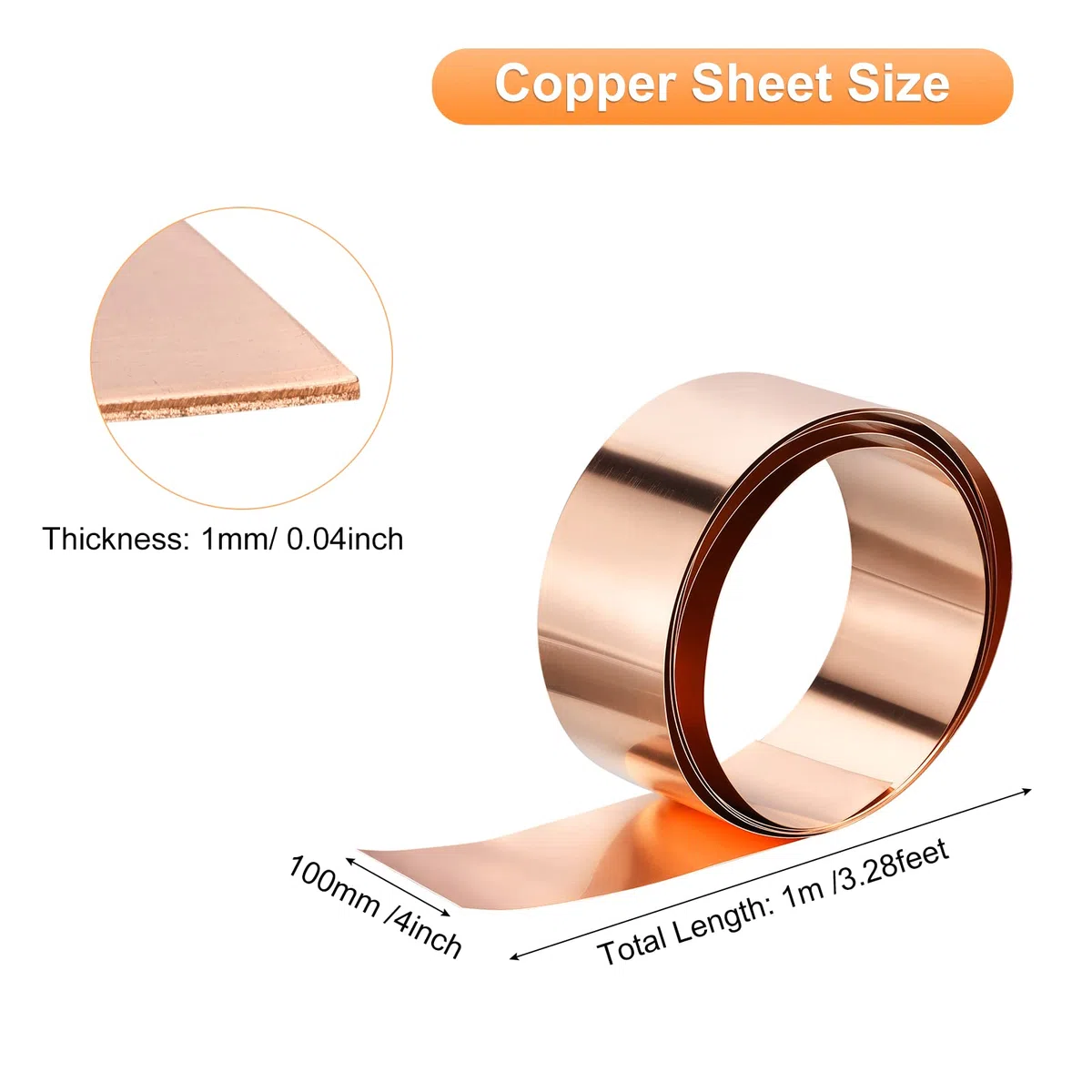 sourcing map 99,9 % reines Kupfer, blinkend, 1 mm x 100 mm x 1 m, Kupferblech, Rolle, Kupferstreifen, Metallfolienplatte für DIY-Projekte, elektrisch