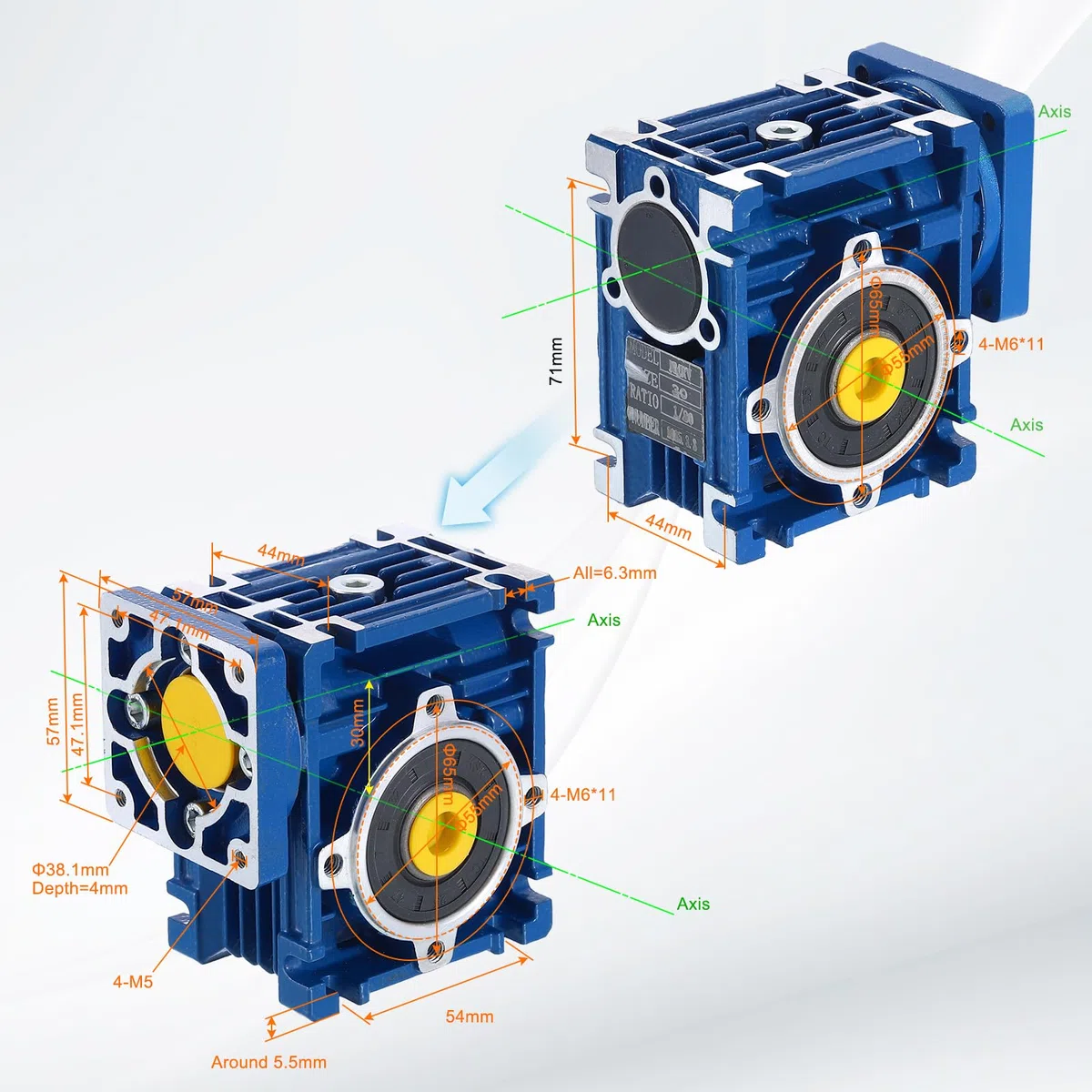 QUARKZMAN NMRV030 Schneckengetriebe Übersetzungsverhältnis 50:1 14mm Ausgangswelle Hochdrehmoment Schneckengetriebe Drehzahlreduzierer Für Nema24 Schrittmotor/Nema23 Servomotor Blau