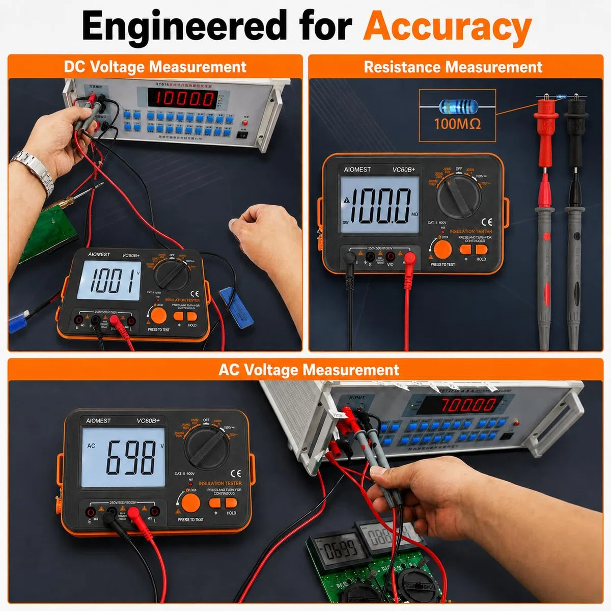 Digital-Megohmmeter 1000V Isolationsmessgerät, AIOMEST Isolationsmesser Isolationswiderstand bis 2 GΩ, mit 250V/500V/1000V Prüfspannung, AC/DC Spannungsmesser, Durchgangsprüfer, CAT III 600V