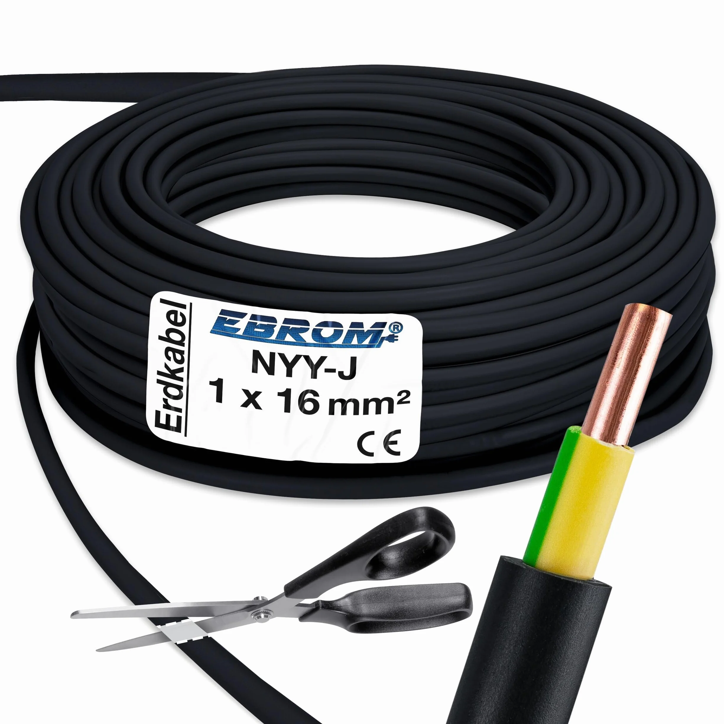EBROM Erdungskabel - Erdkabel - NYY-J 1x16 mm² - schwarz – bestellbar in den Längen: 15m / 20m / 25m / 50m – Ihre Auswahl: 15 Meter
