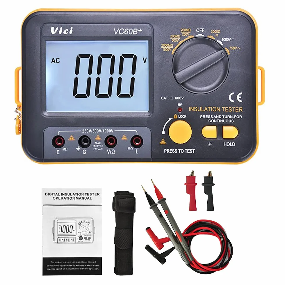 Megger Megohm Meter VCB60+ Digitaler Isolationswiderstandstester, 1000 V, 0,1~2000 MΩ (schwarz + orange)
