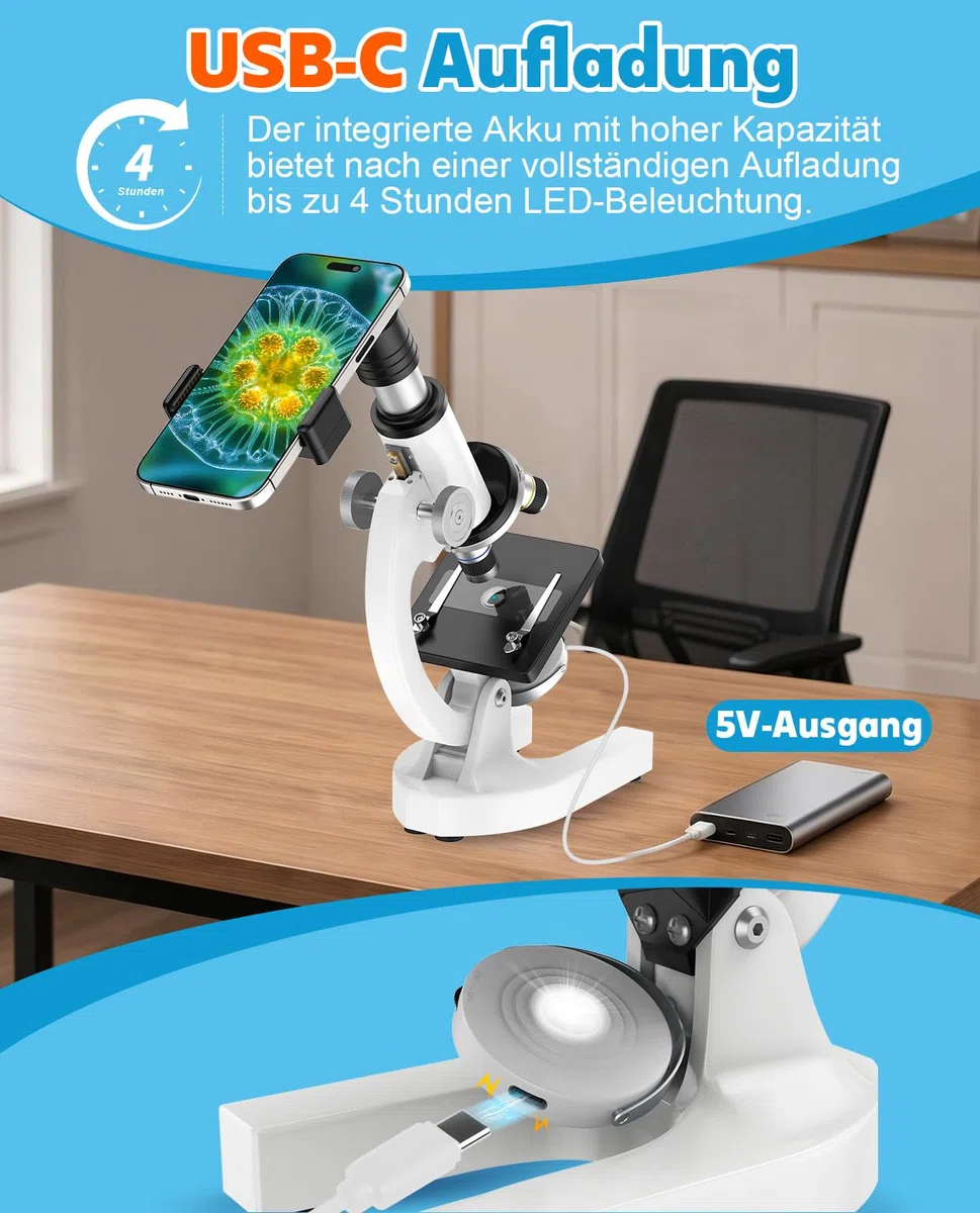 40X-2000X Mikroskop für Kinder Schüler Erwachsene: Biologie Monokulares Mikroskop für Labor, Zuhause und Schule - Microscope mit Koffer, Objektträgern, Telefonhalter - Geschenk für Kinder AB 6