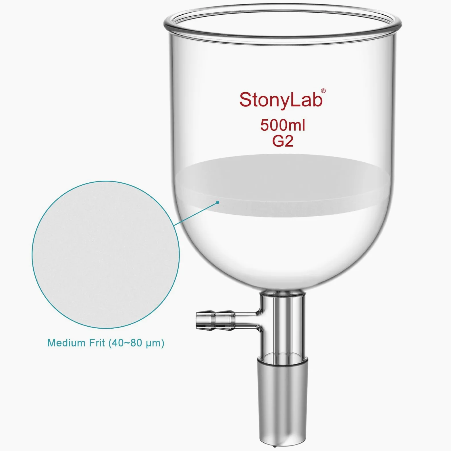 StonyLab Glas Buchner Trichter Filter, Borosilikatglas Vakuum Buchner Filtertrichter 500ml mit Mittlerer Fritte(G2), 94mm Scheibendurchmesser, 100mm Tiefe, mit 24/40 Standard-Taper-Innengelenk