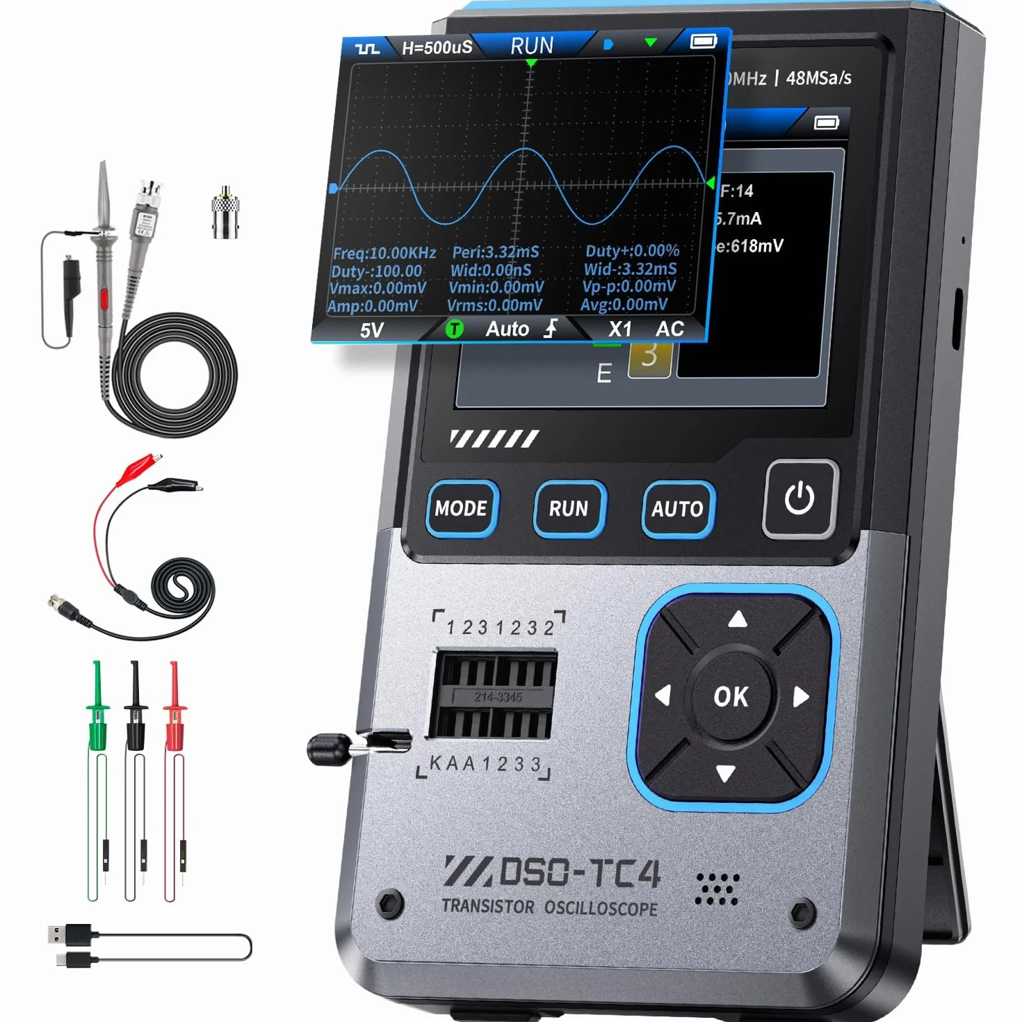 Oscilloscope,3 in 1 Digitales Oszilloskop 10MHz Bandbreite 48Ms/s Abtastung 13 Signalausgang Ein-Tasten-Auto Transistortester Elektronik Bauteiltester USB Ladegerät Werkzeuge,Deutsche Sprachanzeige