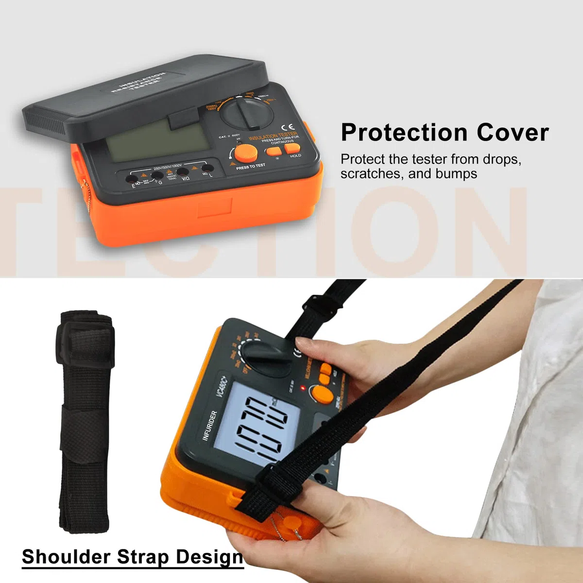 Digitaler Isolationswiderstandstester, Megohmmeter Ohmmeter YF-VC60B+, Spannungsprüfer 250/500/1000 V, Isolationsmessgerät mit hintergrundbeleuchtetem LCD-Display, Datenspeicherung