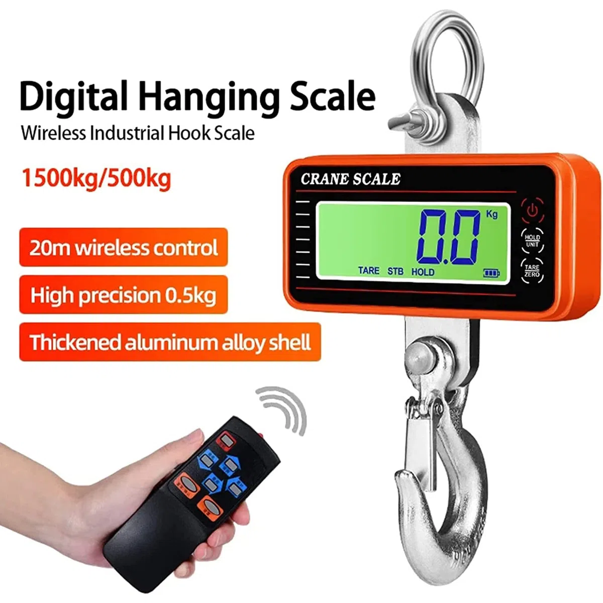 Hängende Waage mit Fernbedienung 1500KG 3000lbs, Digitale Hängewaage Elektronische Kranwaage Zugwaage mit präzisem Sensor & LCD-Anzeige, Wildwaage Mini Waage mit Haken für Bauernhof, Fabrik, Jagd