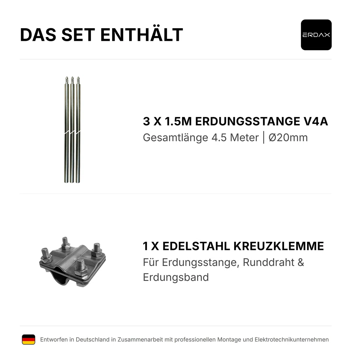 Tiefenerder V4A Set 3x 1,5m - Erdungsstangen 20mm Durchmesser aus Edelstahl + Kreuzerder Klemme - Erdungsstab für Erdungskabel PV Anlage Staberder Erdungsspiess 1,5m Erdung Komplettset