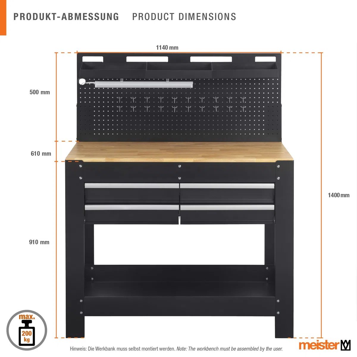 Meister Werkbank 1400 x 1140 x 610 mm - 200 kg Tragkraft - Vier Schubladen, Lochrückwand & drei Ablagefächer - Mit LED-Arbeitsleuchte & integrierter Steckdosenleiste - Aus Stahl / Werktisch / 9079700