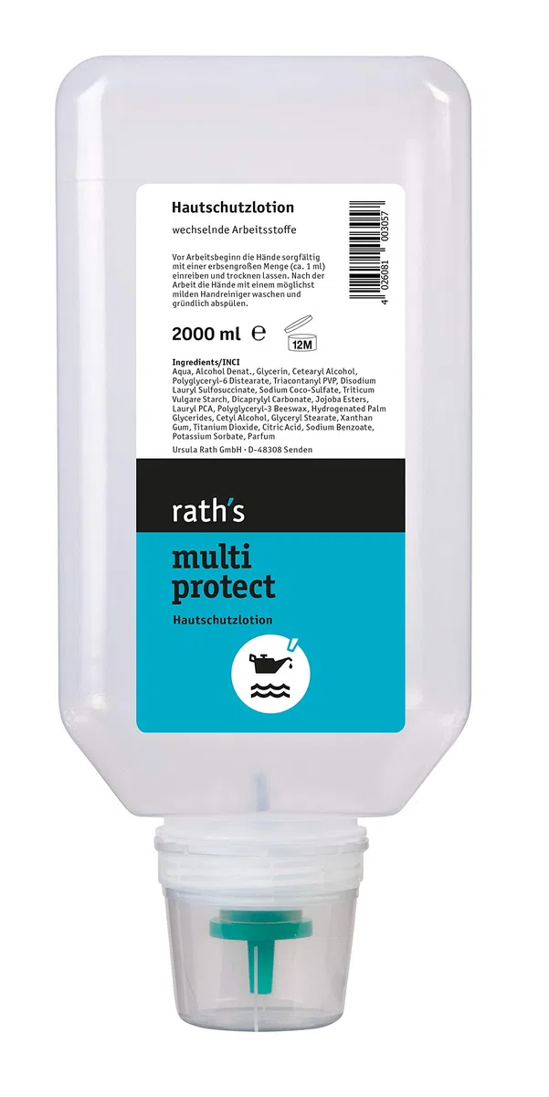 rath's multi protect - 2 Liter- Hautschutzlotion - schützt vor Verschmutzung durch Öl, Fett oderfeucht/nassem Schmutz - und unter Handschuhen anwendbar. Bis zu 2000 Anwendungen.