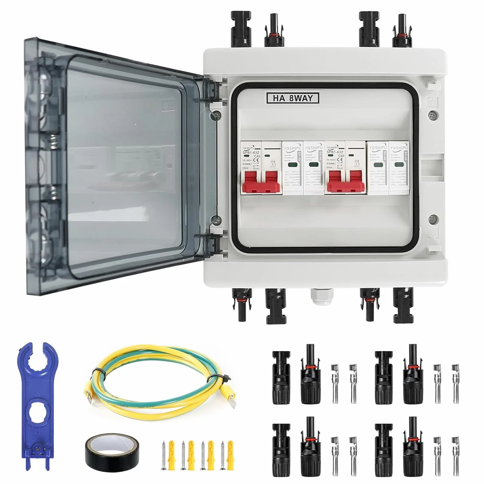 Solar Anschlusskasten Photovoltaik, Überspannungsschutz PV DC1000V 40A Blitzschutz Leitungsschutzschalter 2 String (2 in 2 out), IP65 Wasserdicht & UV-Beständig Generatoranschlusskasten für Photovolta