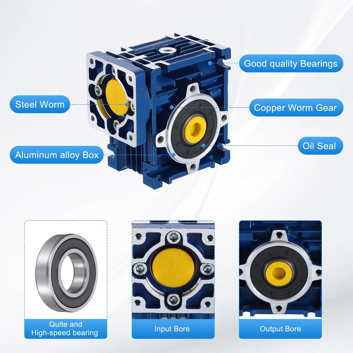 QUARKZMAN NMRV030 Schneckengetriebe Übersetzungsverhältnis 50:1 14mm Ausgangswelle Hochdrehmoment Schneckengetriebe Drehzahlreduzierer Für Nema24 Schrittmotor/Nema23 Servomotor Blau