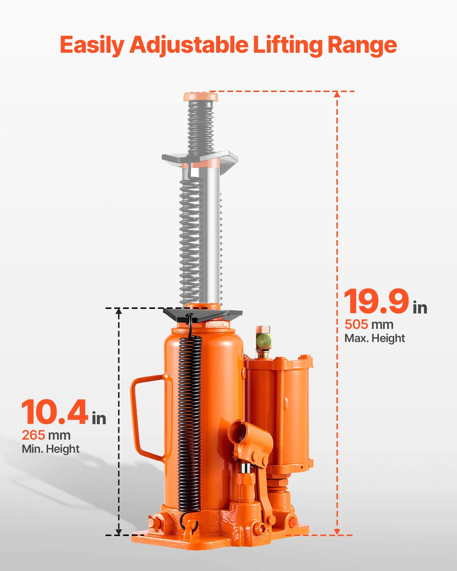 VEVOR lufthydraulischer Flaschenheber mit 12 t Tragkraft & Hubbereich 265–505 mm, pneumatisch/manuell, geschweißter Stempelwagenheber mit Pumpe für SUV Pickup LKW PKW-Reparaturen, Orange
