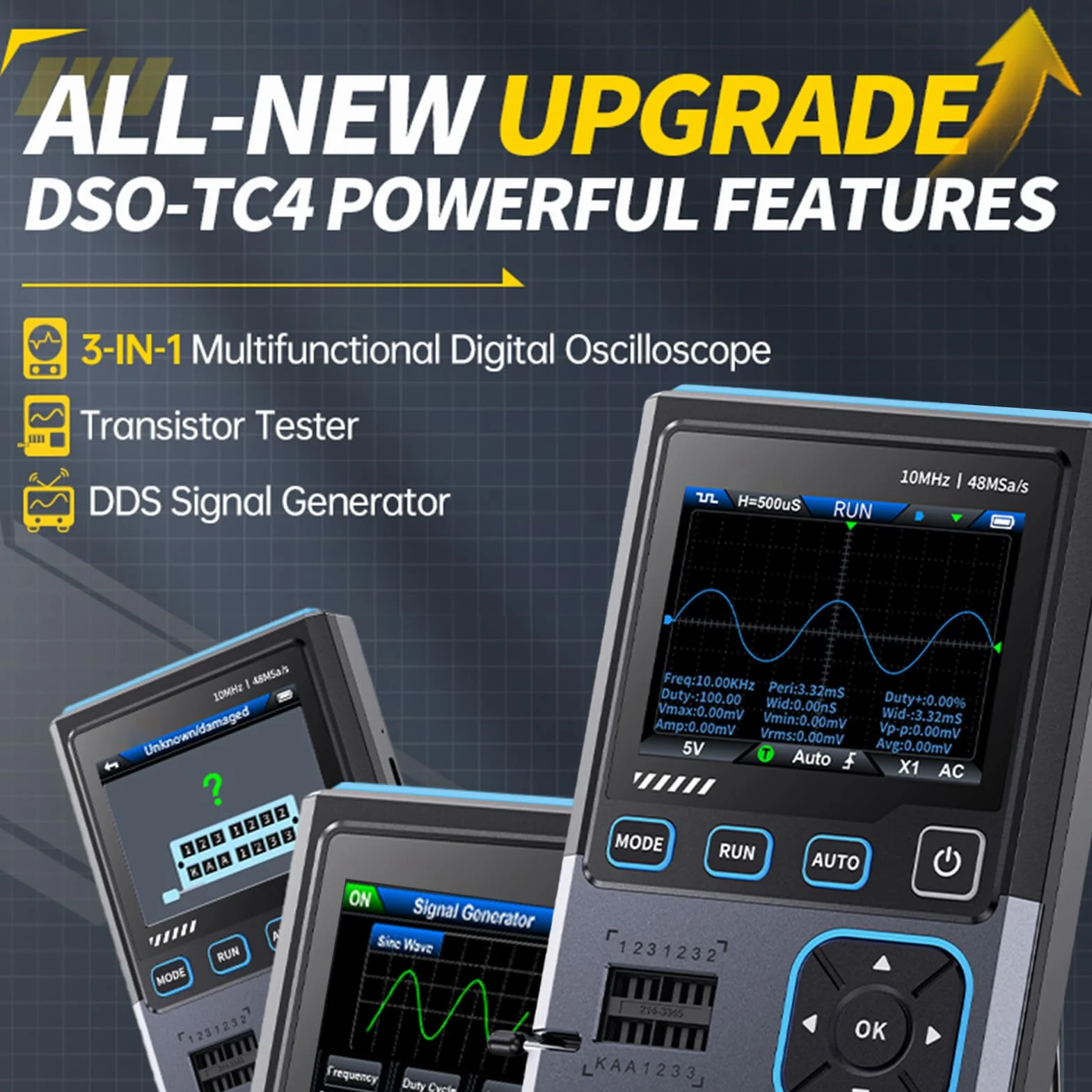 DEWIN Oszilloskop, 3 in 1 DSO-TC4 Oscilloscope Transistortester Signalgenerator 10 MHz Bandbreite 48 MSa/s Abtastrate