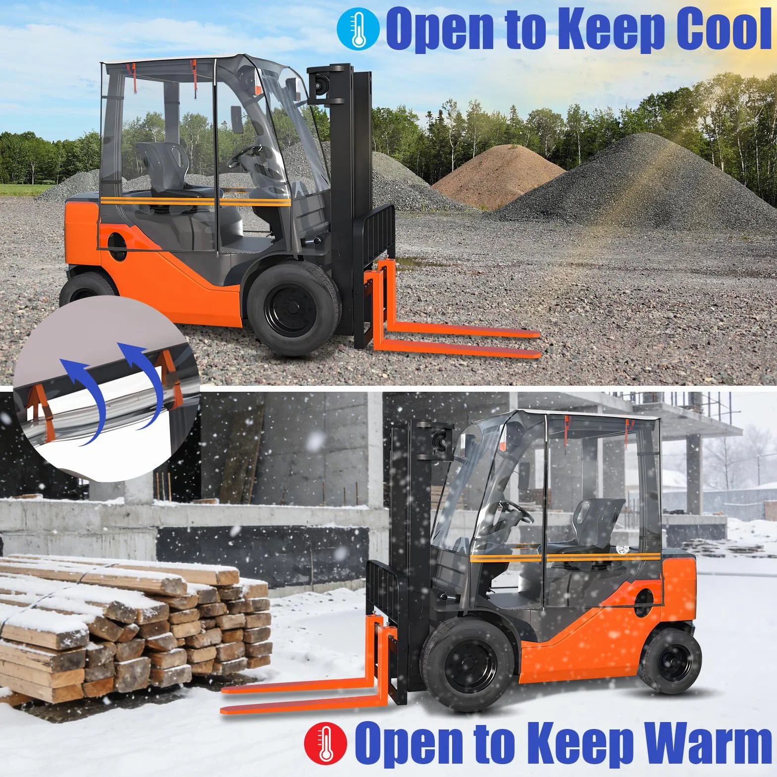 Gabelstaplerabdeckung Wasser, Staub, Schnee und Winddicht Transparente Gabelstaplerkabinenabdeckung mit orangefarbenem Reflexstreifen