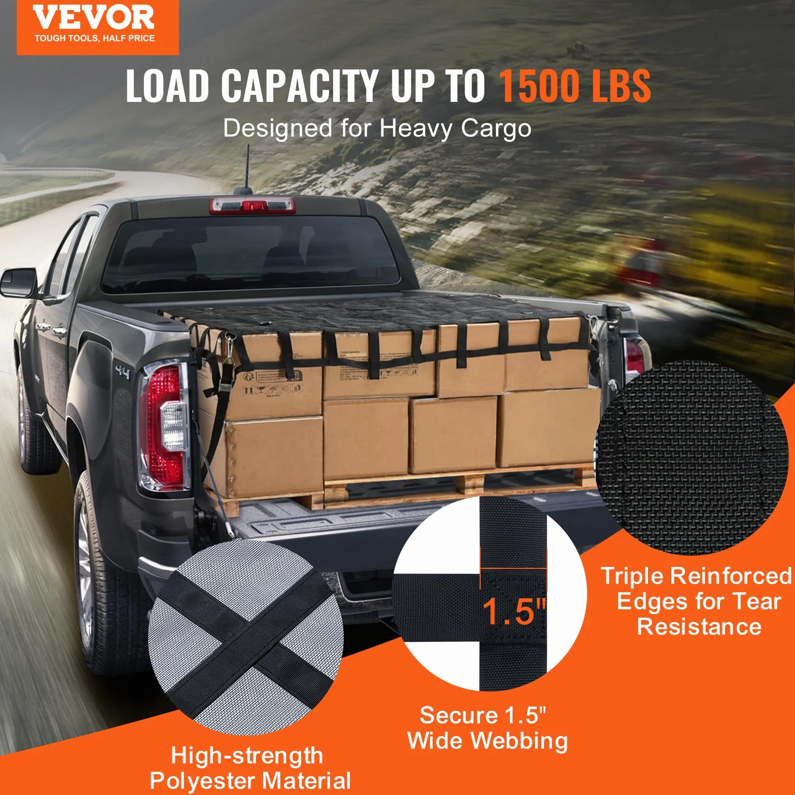 VEVOR Frachtnetz, 183 x 145 cm, LKW-Ladeflächennetz, 4 verstellbare Gurte mit Karabinern & S-Haken, Transportnetz verschleißfest & wetterfest, Gepäcknetz geeignet für Pickup, LKW, Jeep, SUV, Boot