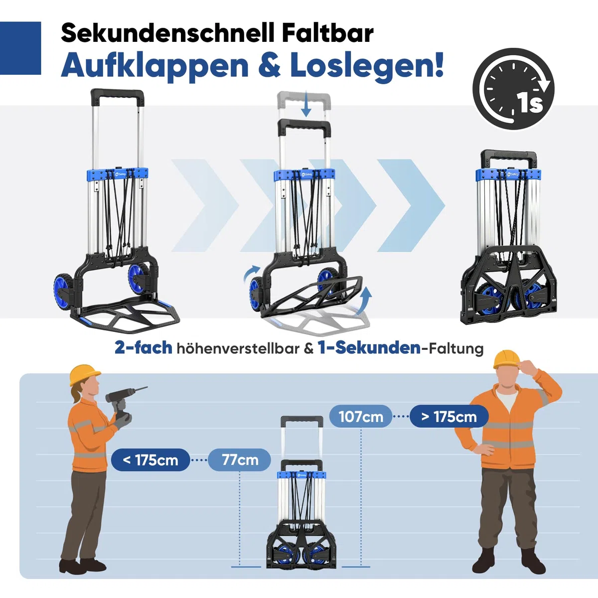 Sekey Klappbare Sackkarre & Schwerlast Transportkarre 150 kg, Verstärkter Alu Rahmen, XXL Anti-Rutsch-Pad & In Sekunden Faltbar, Höhenverstellbar mit TPR-Rädern, Inkl. 2 Expanderseile