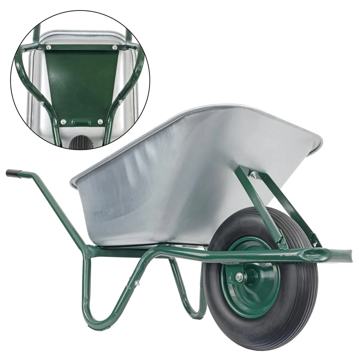 Matrix Schubkarre Profi 100l Liter 250 kg mit zusätzlichem Bodenblech pannensichers PU-Rad Schubkarren groß Garten Scheibtruhe Bauschubkarre | Mulde verzinkt | Metall Felge mit Kugellager | Farbe grün