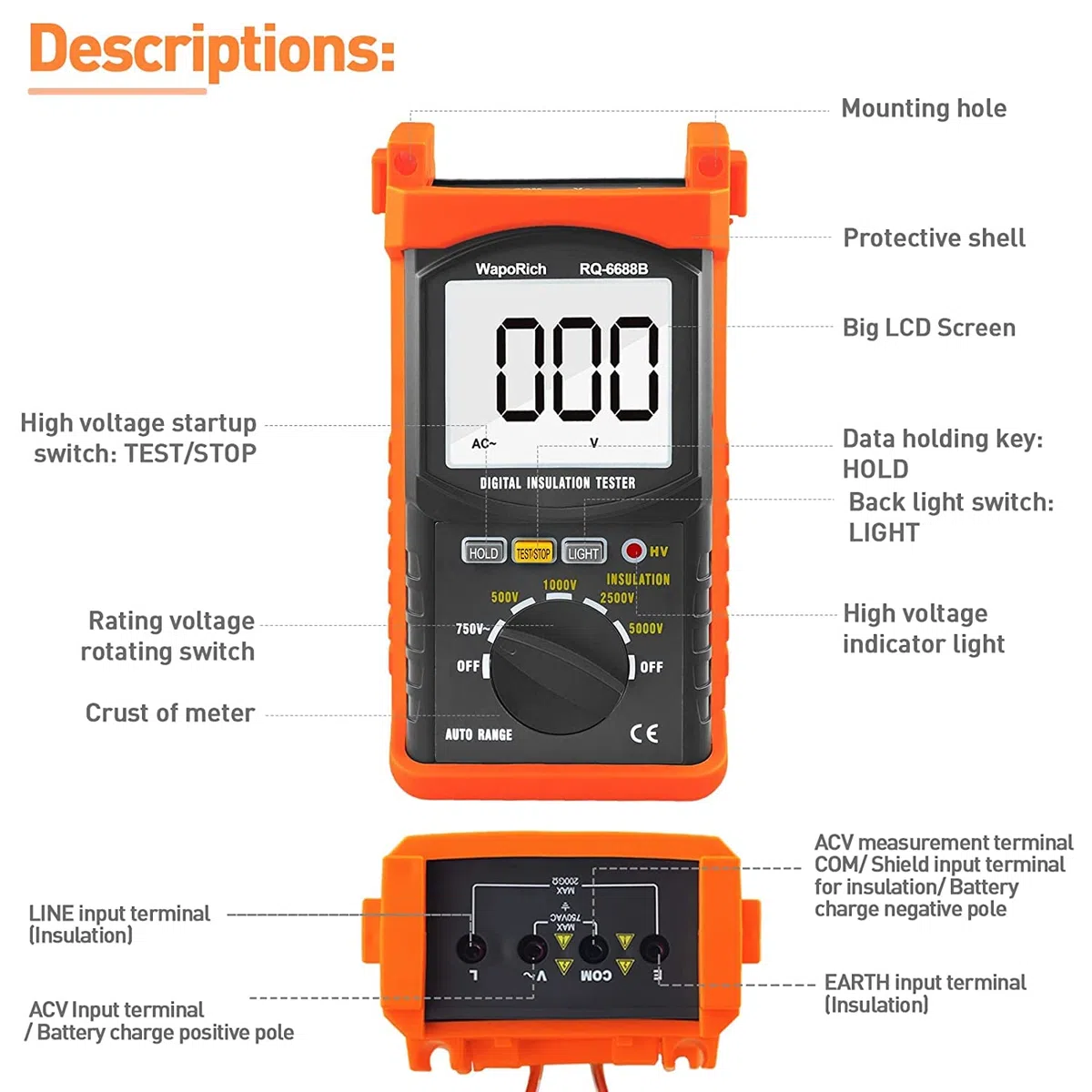 Digitaler Isolationswiderstandstester, WapoRich 200G Ohm MegOhmmeter Isolationswiderstandsmessgeräte DC AC Voltmeter Multimeter mit 1999 zählt, 500V/1kV/2,5kV/5kV Prüfspannung, Datenspeicherung