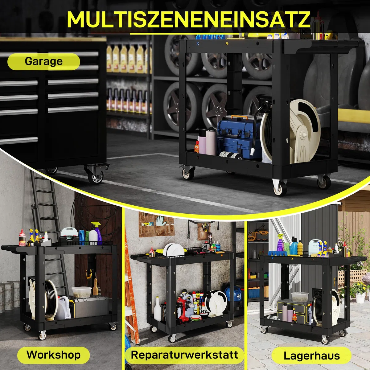 HOMCOM Werkstatt-Rollwagen mit 2 Etagen, Werkstattwagen mit Hakenlöchern Seitengriff, Werkzeugwagen für Lagerhaus, Garage, max. 227 kg Belastbar, Schwarz