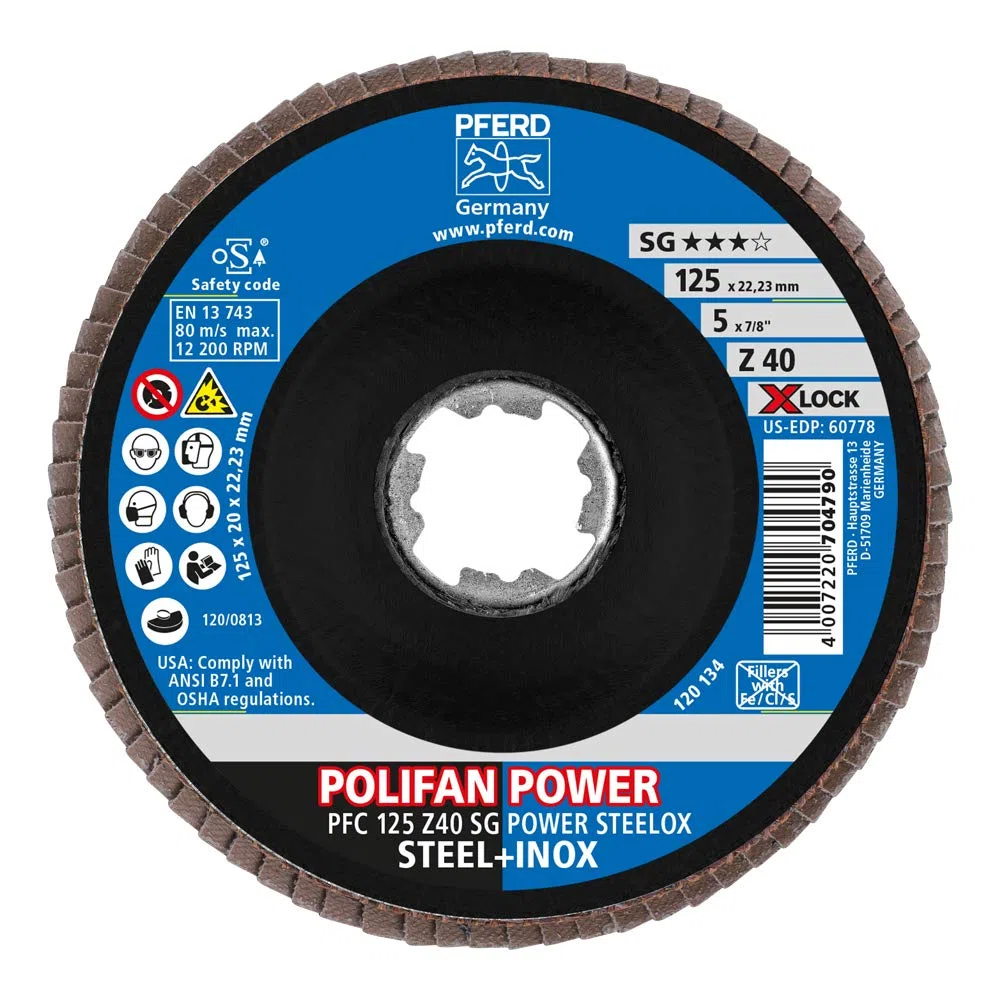 PFERD TOOLS Fächerscheibe POLIFAN POWER, 10 Stück, 125mm, Z40, X-LOCK (22,23 mm), SG STEELOX, 67784126 – für höchste Wirtschaftlichkeit durch aggressive Zerspanung