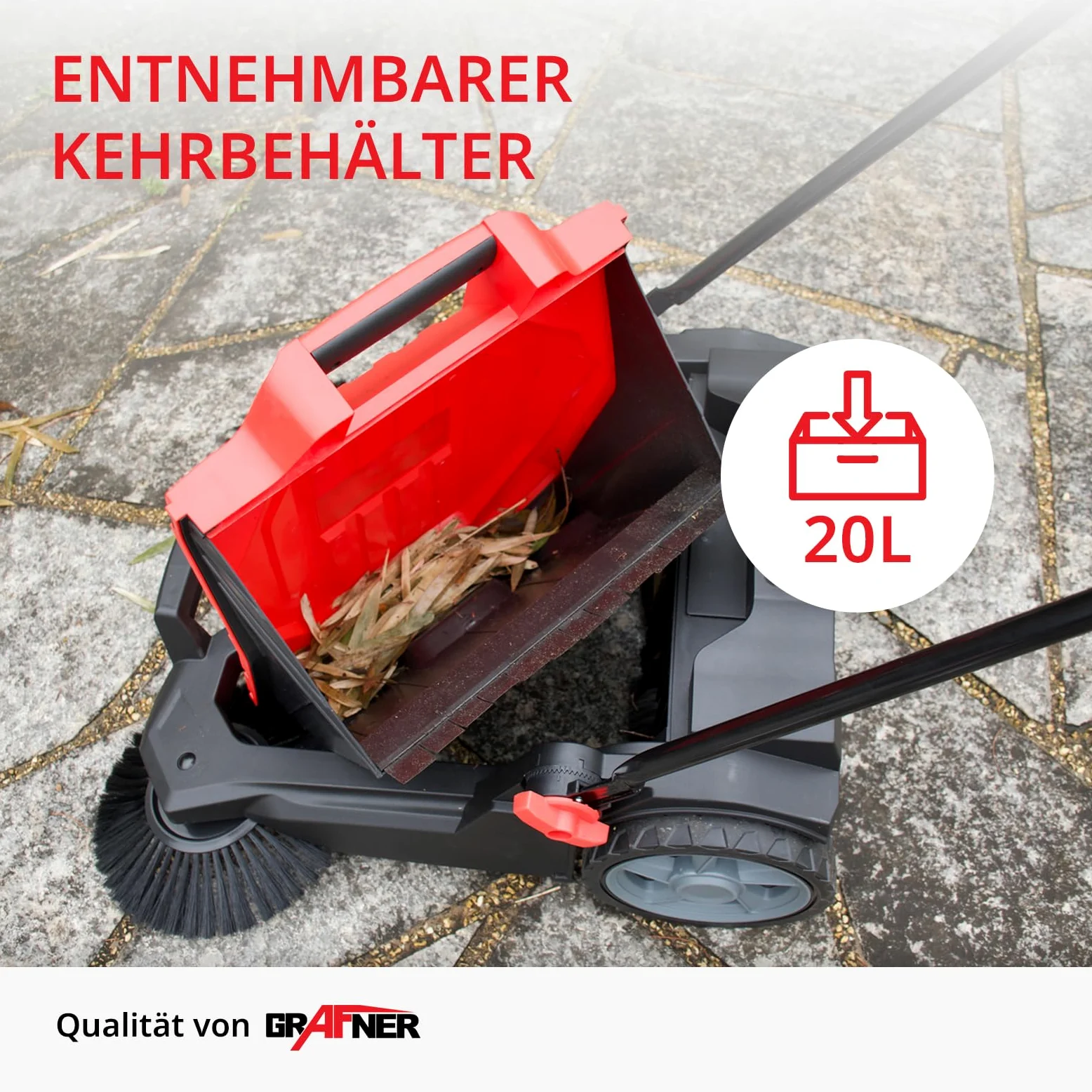 Grafner Kehrmaschine manuell, 650 mm Kehrbreite, 2 Seitenbürsten, 20 Liter Kehrbehälter, Flächenleistung: 2400 m²/h, höhenverstellbarer Griff, Handkehrmaschine Bodenkehrer Kehrmaschine mit Seitenbesen