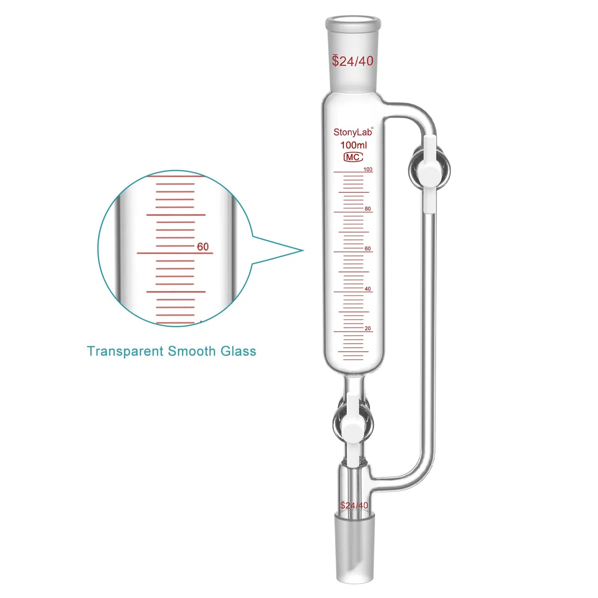 stonylab Druckausgleichs-Zugabetrichter, 24/40 Schliff, Graduierter Tropftrichter aus Borosilikatglas mit 2 PTFE-Hähnen, für Kontrollierte Zugabe im Labor, 100 ml