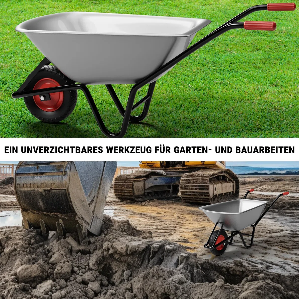 Schubkarre | 100 Liter Kapazität | 250 kg Tragkraft | verzinkter Stahl | pulverbeschichteter Rahmen | 40 cm Reifen | vielseitig