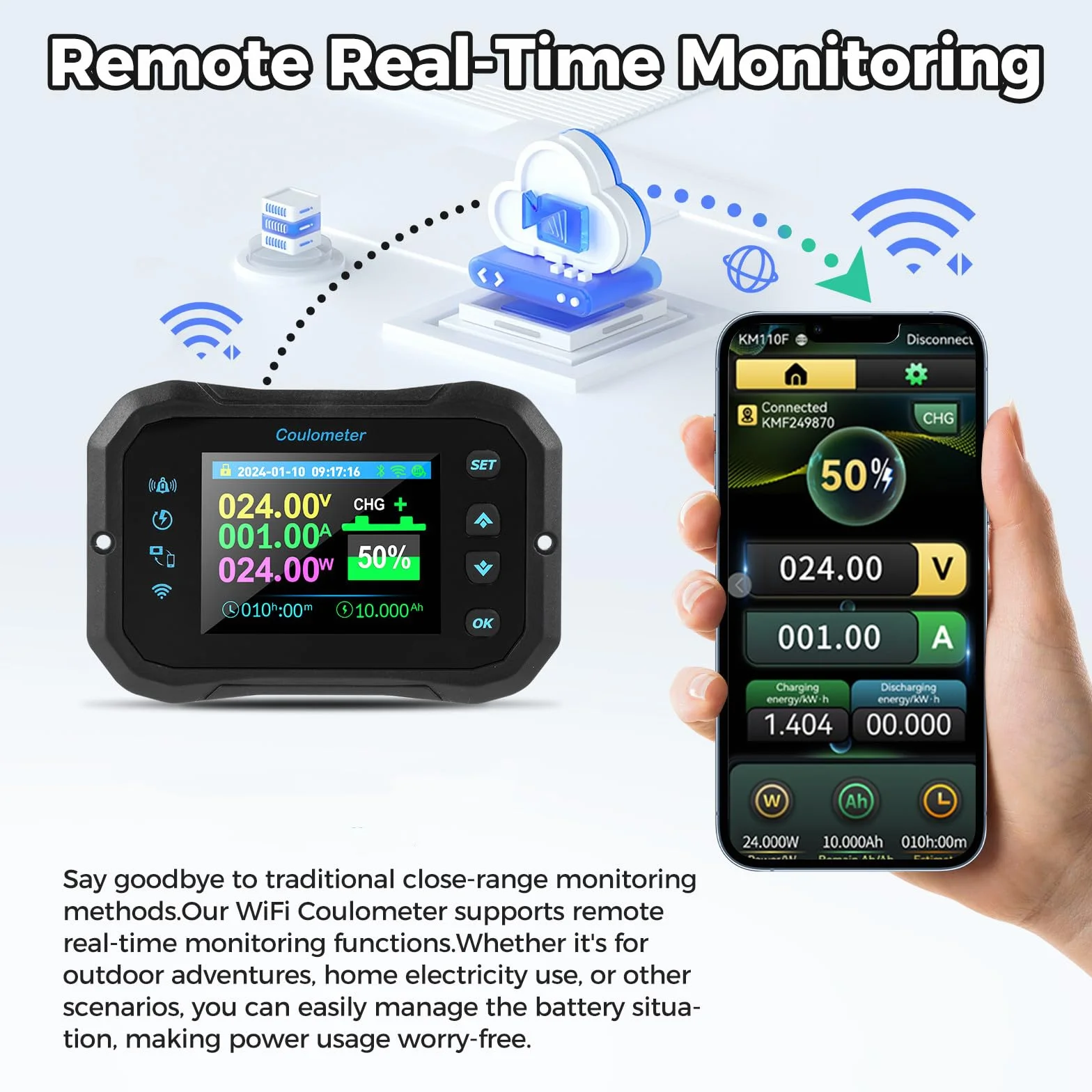 Heemol 100A WIFI Batterie Monitor, 10-100V Kapazitätsmesser LCD Display mit Alarmfunktion für Blei-Säure-Lithium Batterie