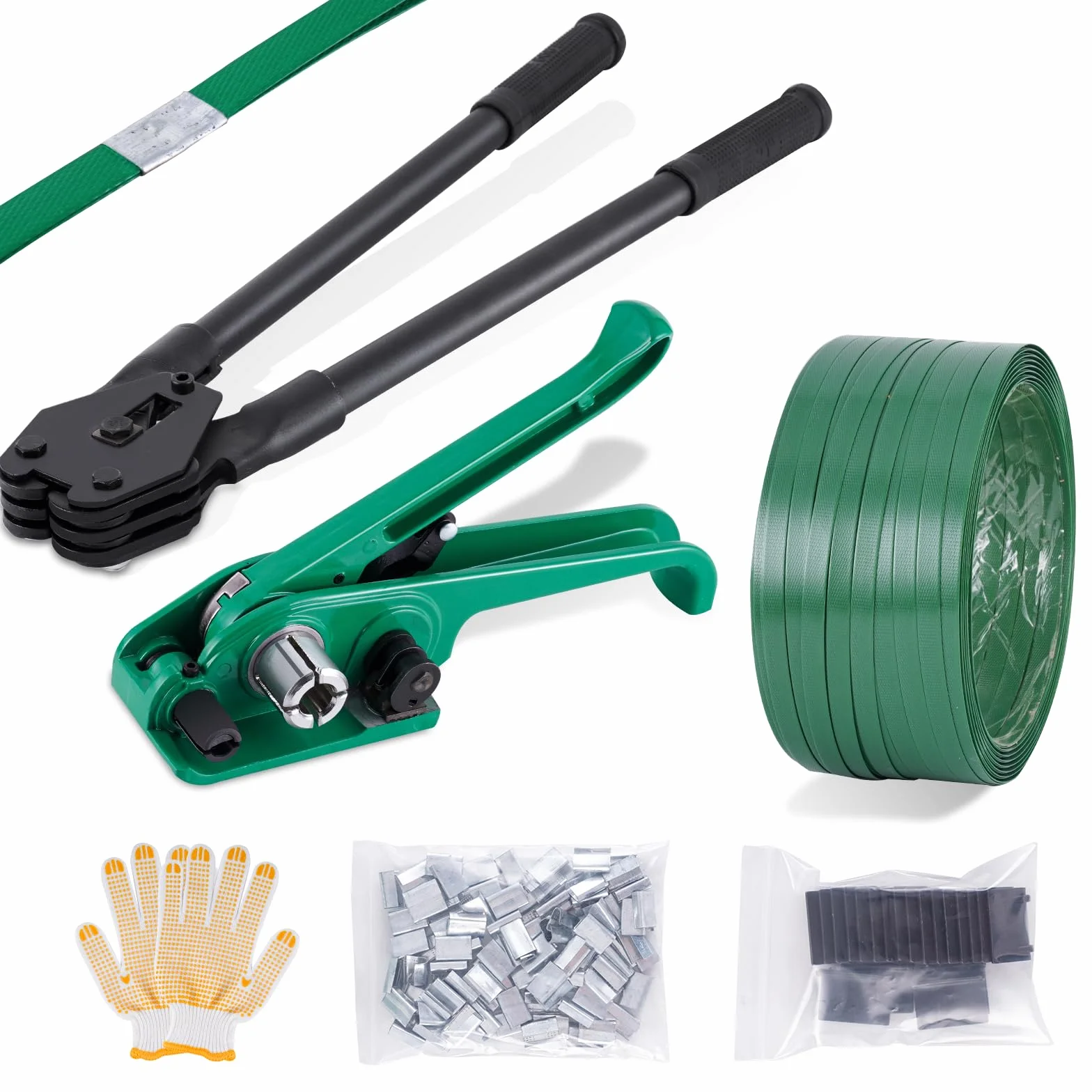 BAOSHISHAN Umreifungsset 12-19mm Manuelle Umreifungsgerät mit 200m PET Umreifungsband nur für PET Verpackungsband (Spanner, Verschließer, Umreifungsband, 100 Metallschnalle, 20 Eckschutz, Handschuhe)