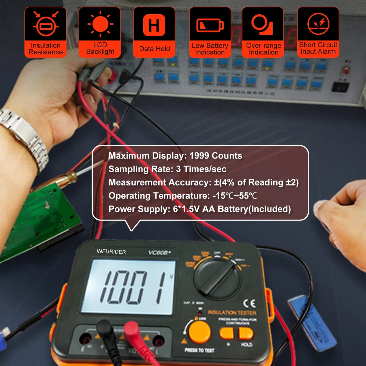 Digitaler Isolationswiderstandstester, Megohmmeter Ohmmeter YF-VC60B+, Spannungsprüfer 250/500/1000 V, Isolationsmessgerät mit hintergrundbeleuchtetem LCD-Display, Datenspeicherung
