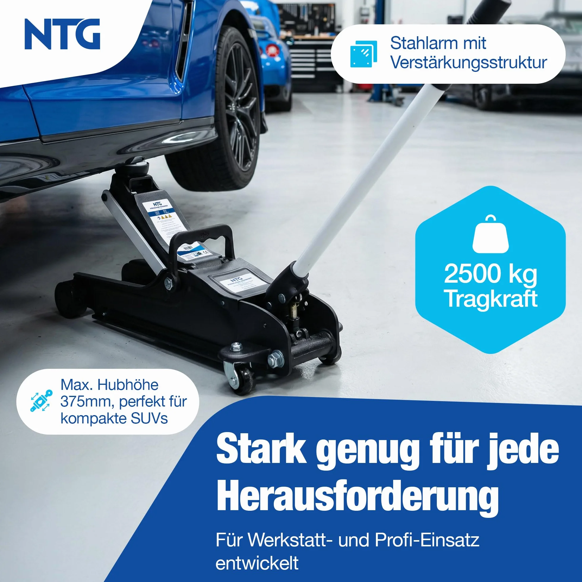 Wagenheber Hydraulisch 2,5T TÜV Zertifiziert (85-375mm Hubhöhe) - Profi Rangierwagenheber flach für tiefergelegte Autos - KFZ PKW Autoheber NTG (+ Gummiauflage Flach)
