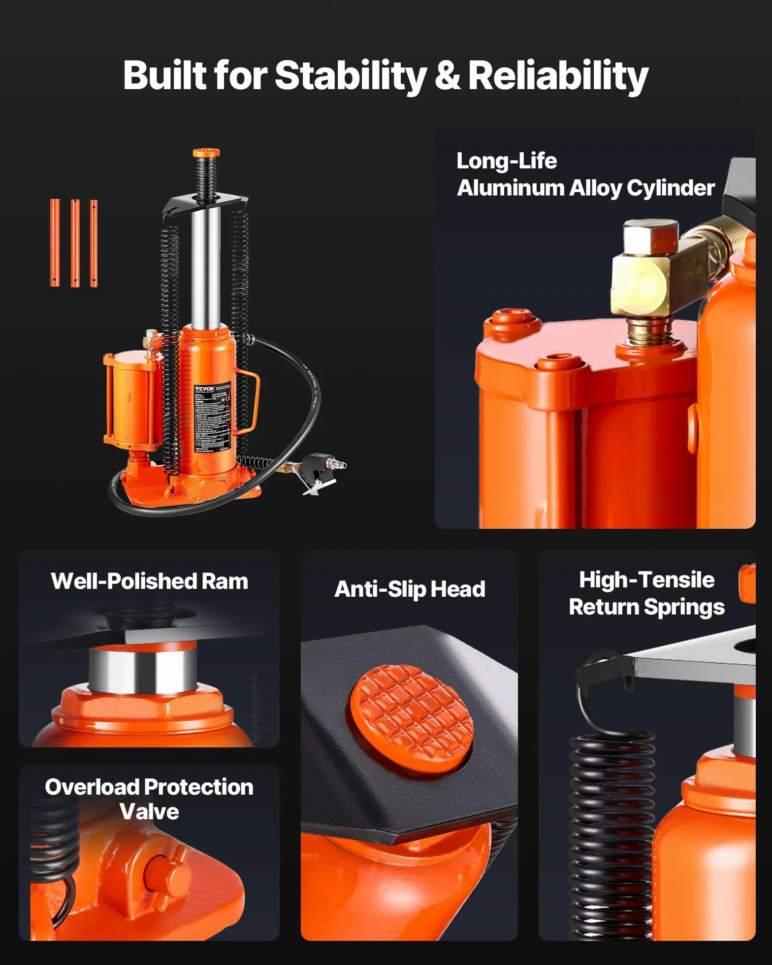 VEVOR lufthydraulischer Flaschenheber mit 12 t Tragkraft & Hubbereich 265–505 mm, pneumatisch/manuell, geschweißter Stempelwagenheber mit Pumpe für SUV Pickup LKW PKW-Reparaturen, Orange