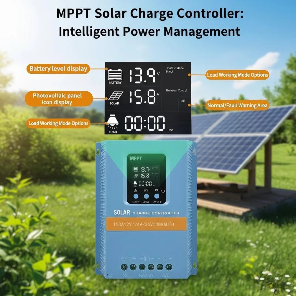 Solar Laderegler 150A 12V 24V 36V 48V Intelligente Erkennung LCD-Anzeige Batterieintelligenter Regler Max. 100V Eingang Doppelte USB für Blei/Lithium-Batterien