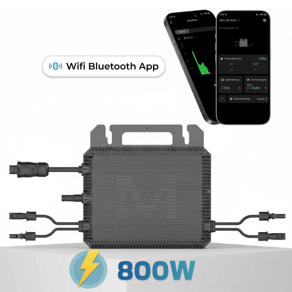 MARSTEK Mikro-Wechselrichter 800 W MST-MI0800 für Balkonkraftwerk, IP67 wetterfest, Plug-&-Play Installation, 2 MPPT, Bluetooth & WiFi, Micro Inverter