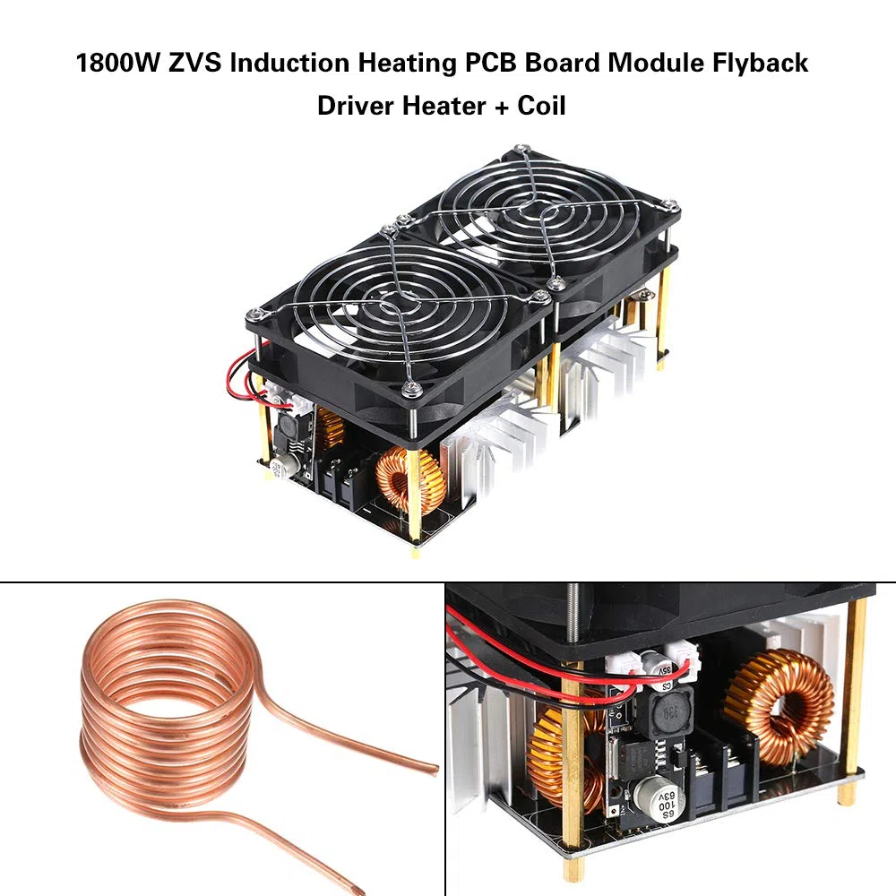 Induktionsheizplatine, 1800W 40A 12V-48V ZVS Hochfrequenz Induktionserwärmung Induktionsheizungsausschöpfermodul DIY Flyback Driver Heizung Gute Wärmeableitung mit Spulenzubehör Treiberheizung