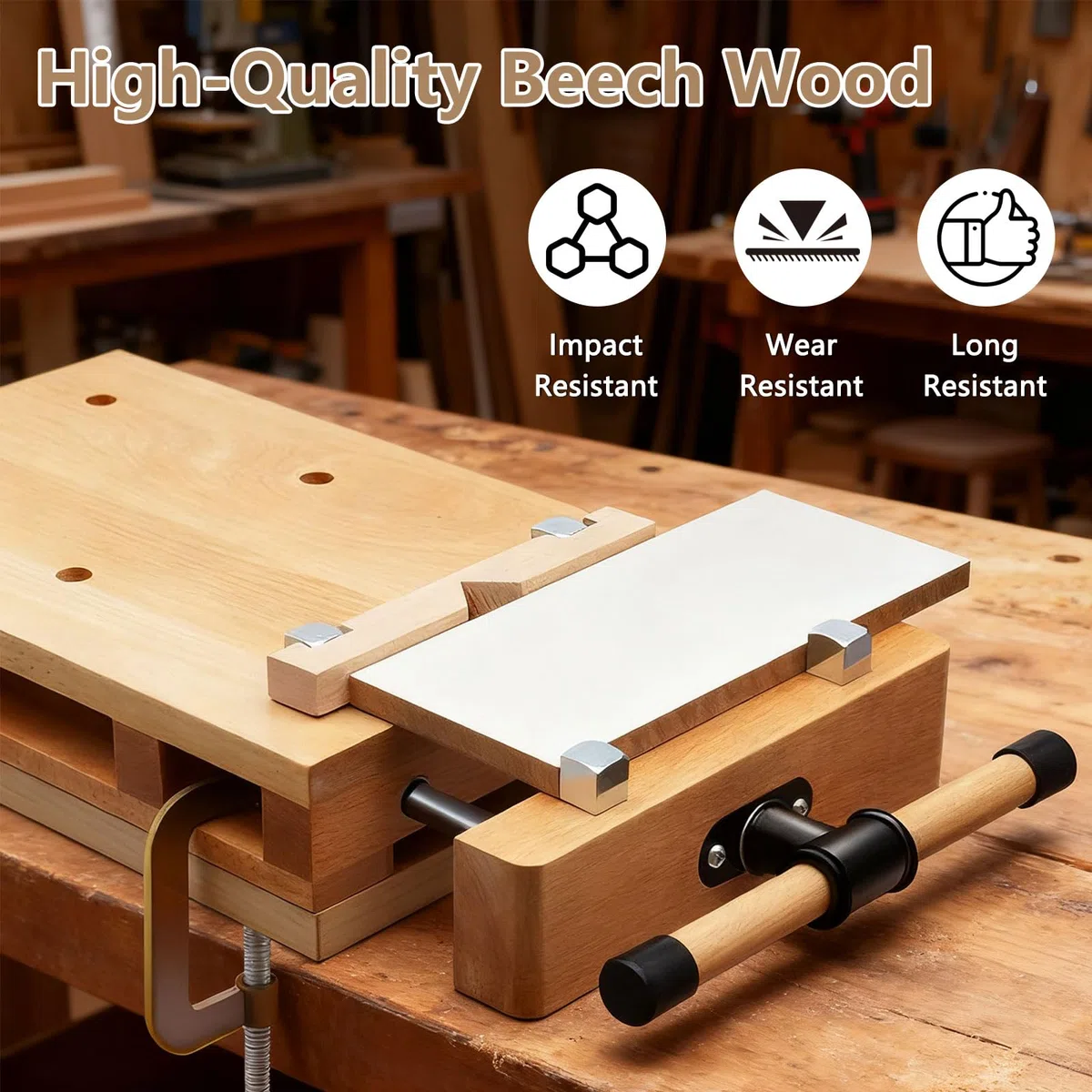 Tragbare Hobelbank, Mini Werkbank mit Schraubstock, Verstellbarer Griff, Mobil Holz Schraubstock Workbench, Werktisch aus Buchenholz für Klemmen und Hobeln, 47x28x7 cm