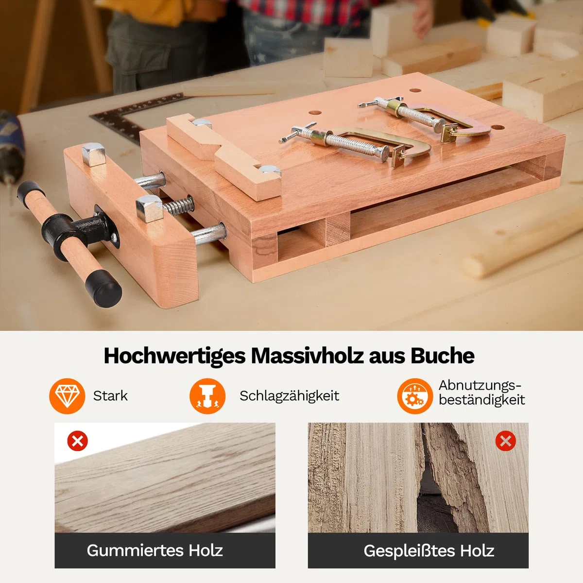 MYOYAY Tragbare Hobelbank, Holz Mini Werkbank Verstellbarer Schraubstock Workbench Mobile Werkbank Holzschraubstock, Werktisch aus Buchenholz für Klemmen und Hobeln, 53x28x7 cm