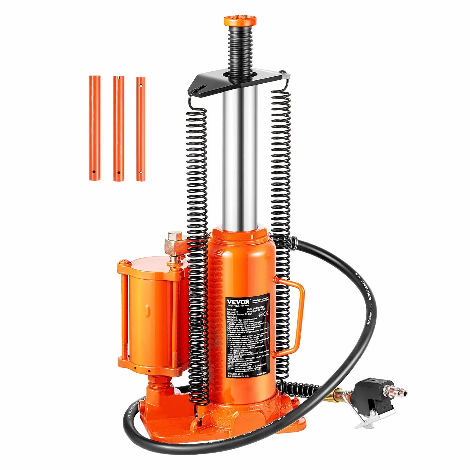 VEVOR lufthydraulischer Flaschenheber mit 12 t Tragkraft & Hubbereich 265–505 mm, pneumatisch/manuell, geschweißter Stempelwagenheber mit Pumpe für SUV Pickup LKW PKW-Reparaturen, Orange