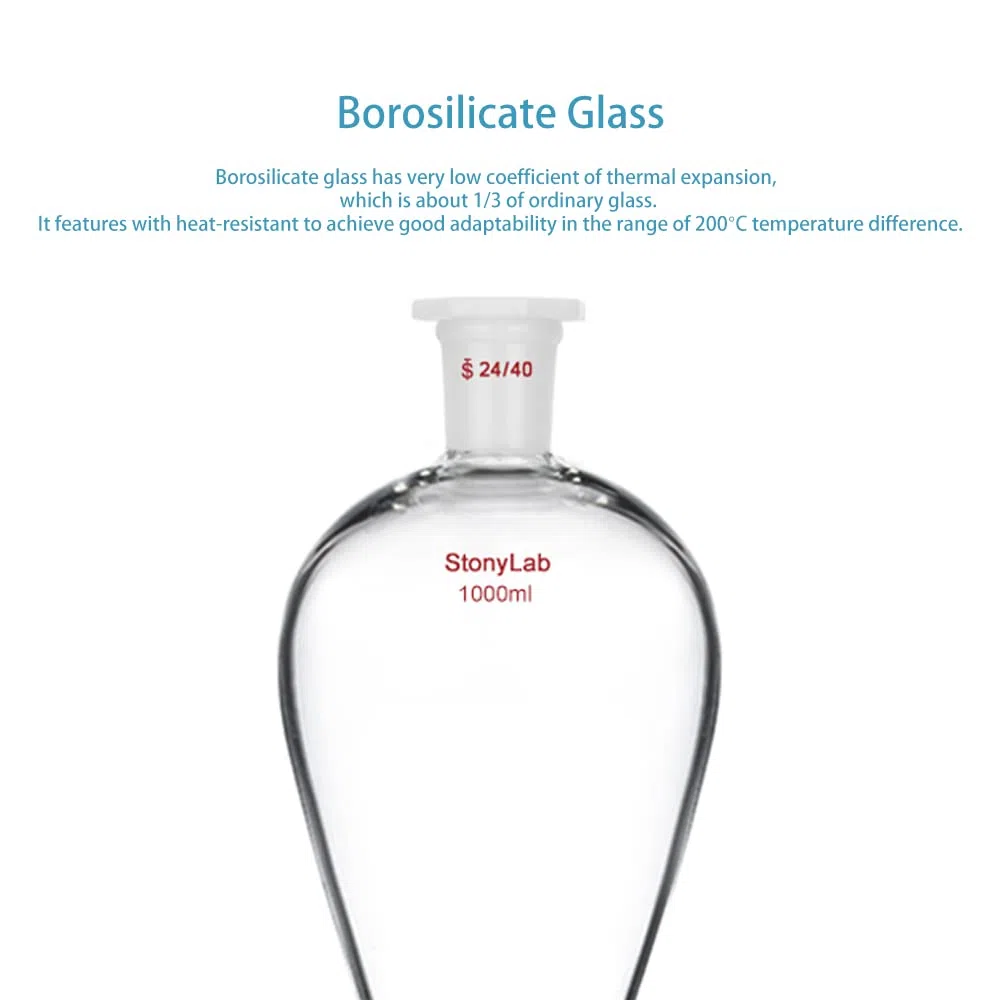 stonylab Scheidetrichter Glas, 1000 ml Separatorentrichter mit PTFE-Absperrhahn Konischer Birnenförmiger Schwerwandiger Borosilikatglas Trenntrichter mit 24/40 Fugen