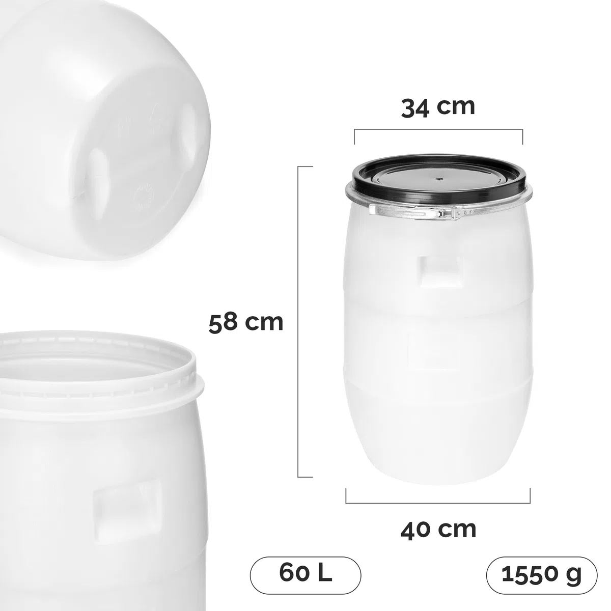 Garronda Set 2x 60 Liter Deckelfass Weithalsfass aus HDPE Regenfass für Garten Fass 60l Wassertonne Futtertonne Wasserbehälter Universalfass Wasserfass Lebensmittelfass Wassertank GD-0122, Weiß