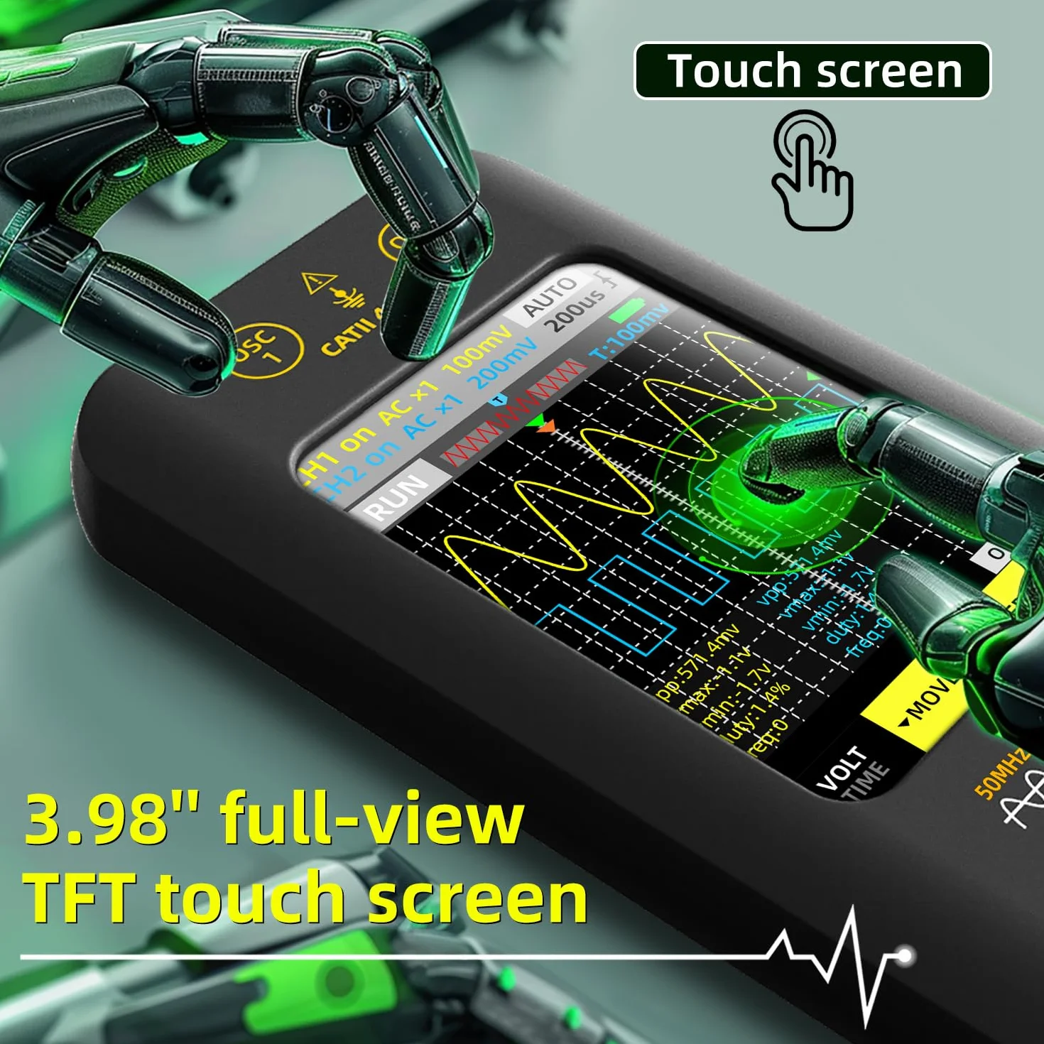 BSIDE Handheld Oszilloskop 3.98'' Touchscreen digitales Oszilloskop Zweikanal 50MHz Bandbreite Tragbares Oszilloskop Signalgenerator 250MSa/s Abtastrate Tablet Automotive Oszilloskop