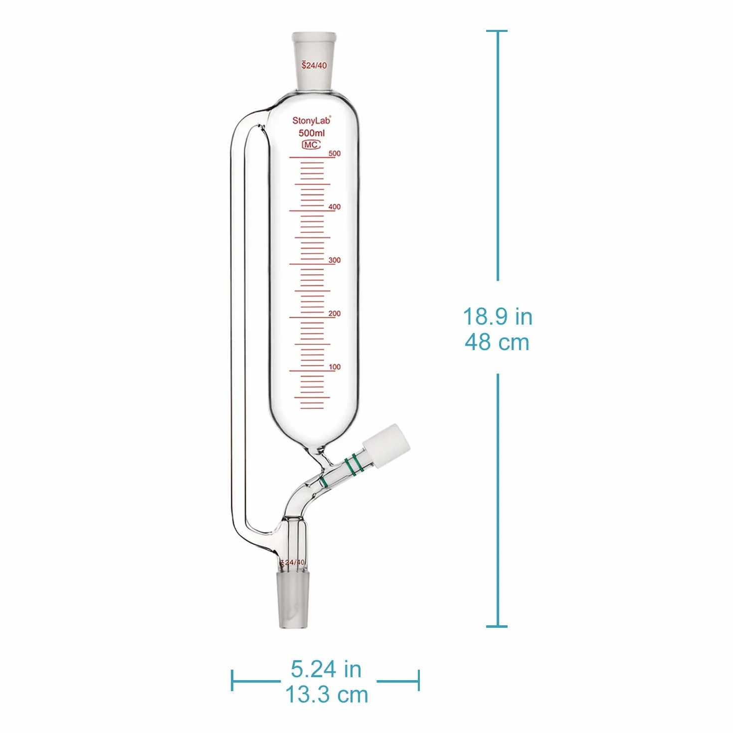 stonylab Graduierter Druckausgleichs Zusatztrichter, Borosilikatglas Tropftrichter mit 24/40 Gelenk und Hochvakuumventil für Laborglas Zusatztrichter, 500 ml