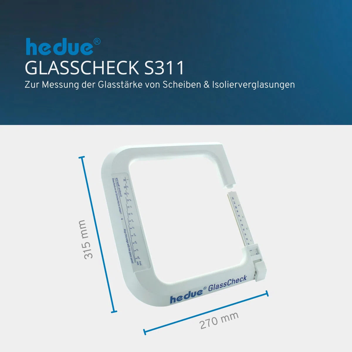 GlassCheck - Glasdickenmesser, Dickenlehre zur Messung der Glasstärke von Scheiben & Isolierverglasung, Dickenmesser 0-120 mm