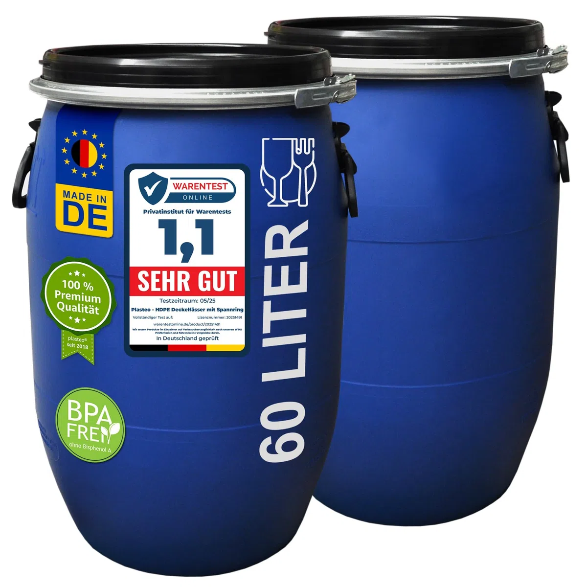 plasteo® 2 Stück: 60 L Weithalsfass mit Spannverschluss | 100% Lebensmittelecht | Universalfass | Futtertonne | Regen Maische Tierfutter Trinkwasser Camping Lagerfass | Stapelbar | Blau